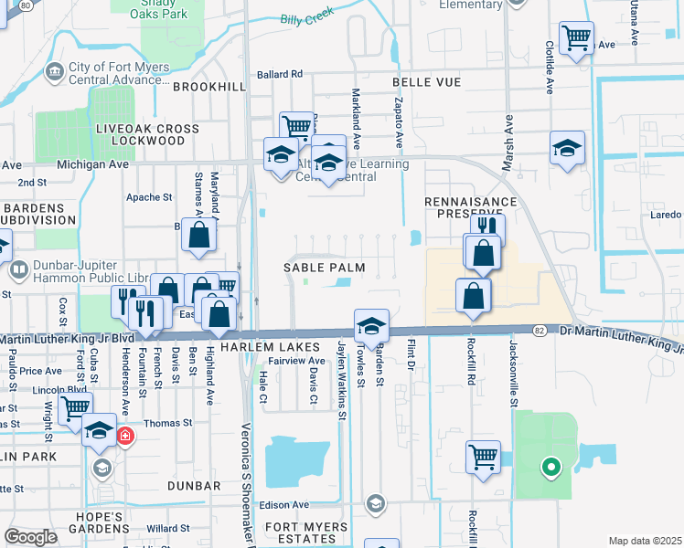 map of restaurants, bars, coffee shops, grocery stores, and more near 3704 Nelson Tillis Boulevard in Fort Myers