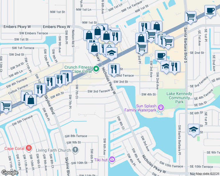 map of restaurants, bars, coffee shops, grocery stores, and more near 324 Nicholas Parkway in Cape Coral