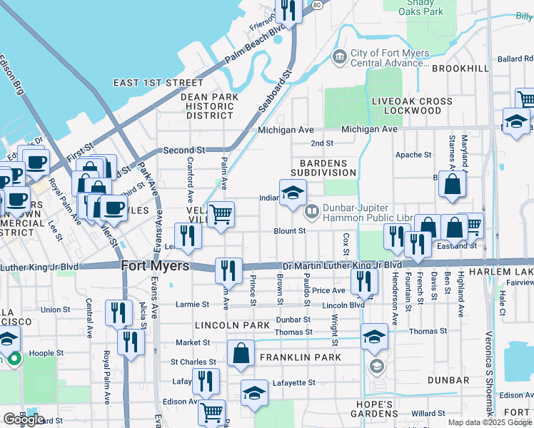 map of restaurants, bars, coffee shops, grocery stores, and more near 16 Lillie Street in Fort Myers