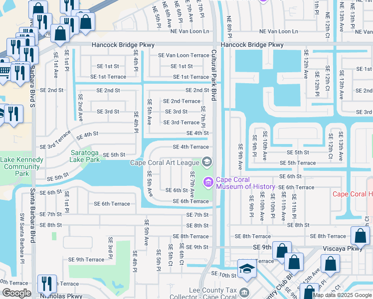 map of restaurants, bars, coffee shops, grocery stores, and more near 505 Southeast 6th Place in Cape Coral