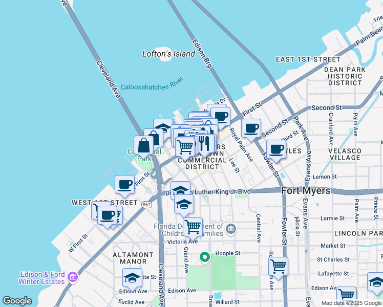 map of restaurants, bars, coffee shops, grocery stores, and more near 33 Patio De Leon in Fort Myers