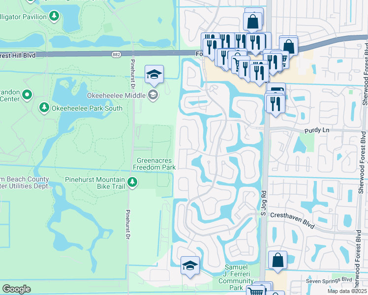 map of restaurants, bars, coffee shops, grocery stores, and more near 412 Trotters Lane in Greenacres