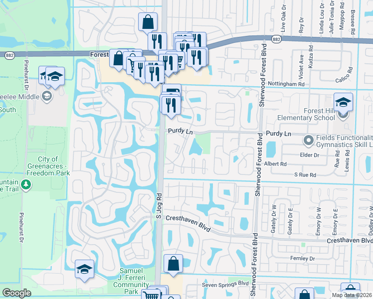 map of restaurants, bars, coffee shops, grocery stores, and more near 234 Foxtail Drive in Greenacres