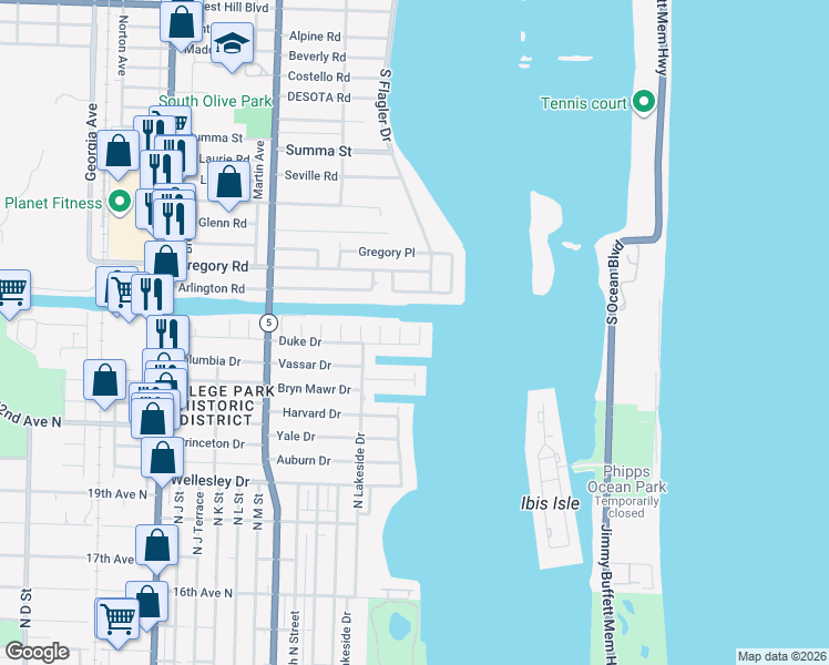 map of restaurants, bars, coffee shops, grocery stores, and more near 100 Arlington Place in West Palm Beach