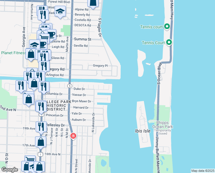 map of restaurants, bars, coffee shops, grocery stores, and more near 100 Arlington Place in West Palm Beach
