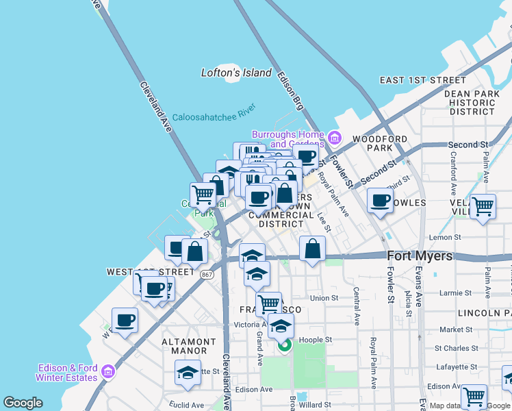 map of restaurants, bars, coffee shops, grocery stores, and more near 1514 Broadway in Fort Myers