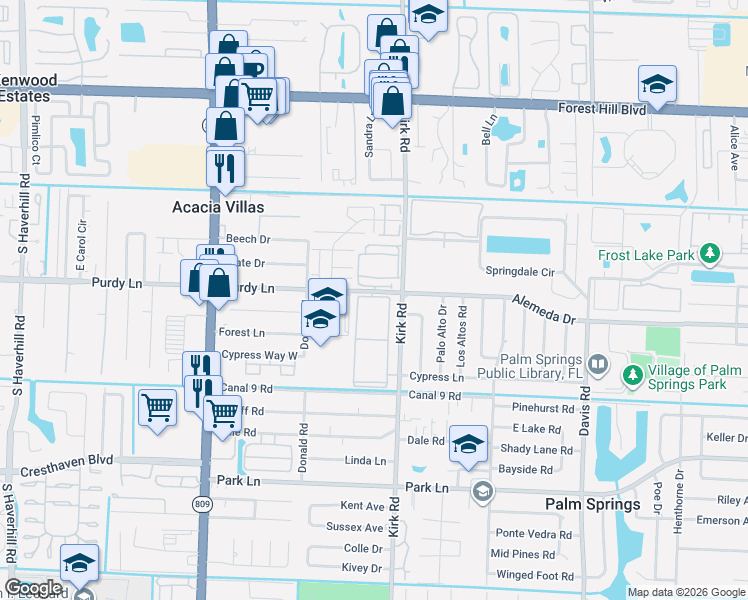 map of restaurants, bars, coffee shops, grocery stores, and more near 100 Madrid Drive in Palm Springs