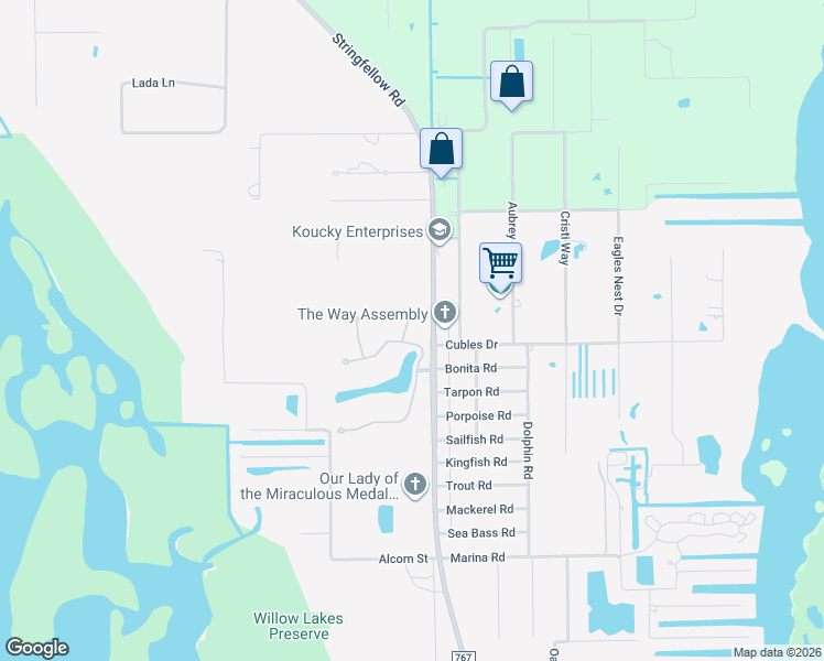 map of restaurants, bars, coffee shops, grocery stores, and more near 12527 Canoe Trail in Bokeelia