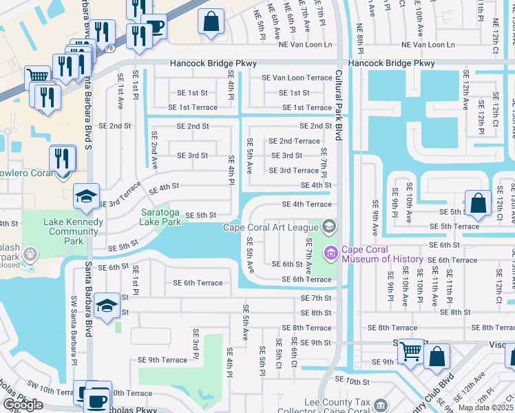 map of restaurants, bars, coffee shops, grocery stores, and more near 506 Southeast 4th Street in Cape Coral