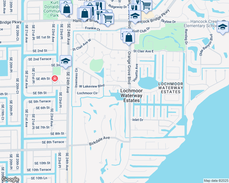 map of restaurants, bars, coffee shops, grocery stores, and more near 2067 West Lakeview Boulevard in North Fort Myers
