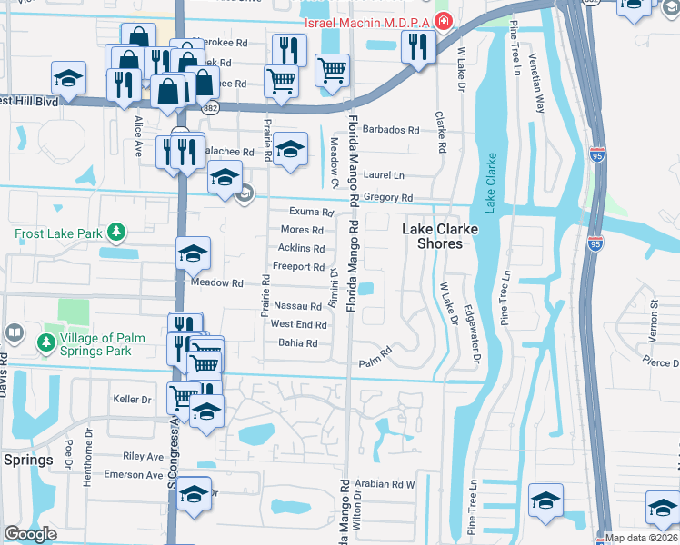map of restaurants, bars, coffee shops, grocery stores, and more near 2154 Bimini Drive in West Palm Beach