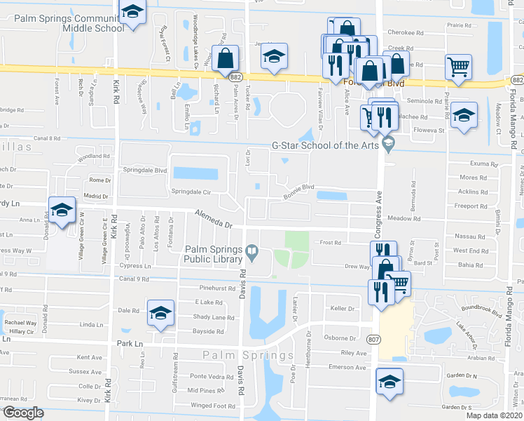 map of restaurants, bars, coffee shops, grocery stores, and more near 106 Davis Road in Palm Springs