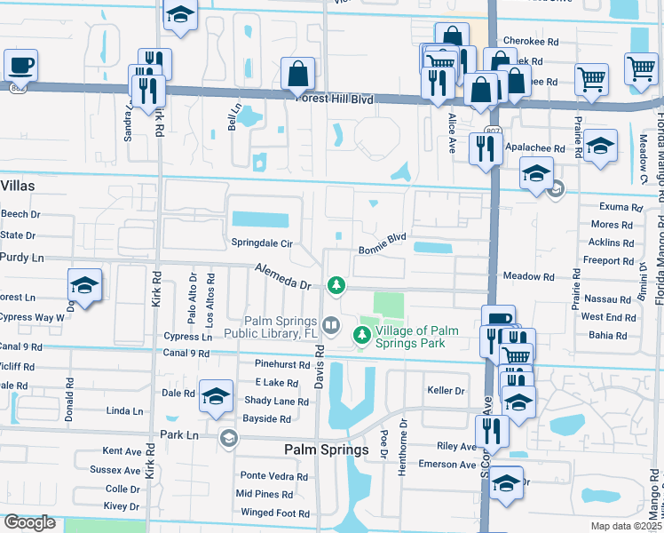map of restaurants, bars, coffee shops, grocery stores, and more near 106 Davis Road in Palm Springs