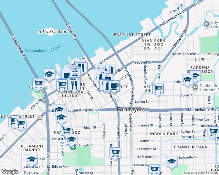 map of restaurants, bars, coffee shops, grocery stores, and more near 1727 Fowler Street in Fort Myers