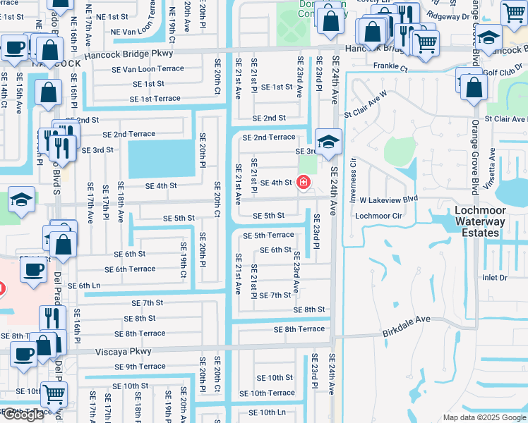 map of restaurants, bars, coffee shops, grocery stores, and more near 2125 Southeast 5th Street in Cape Coral