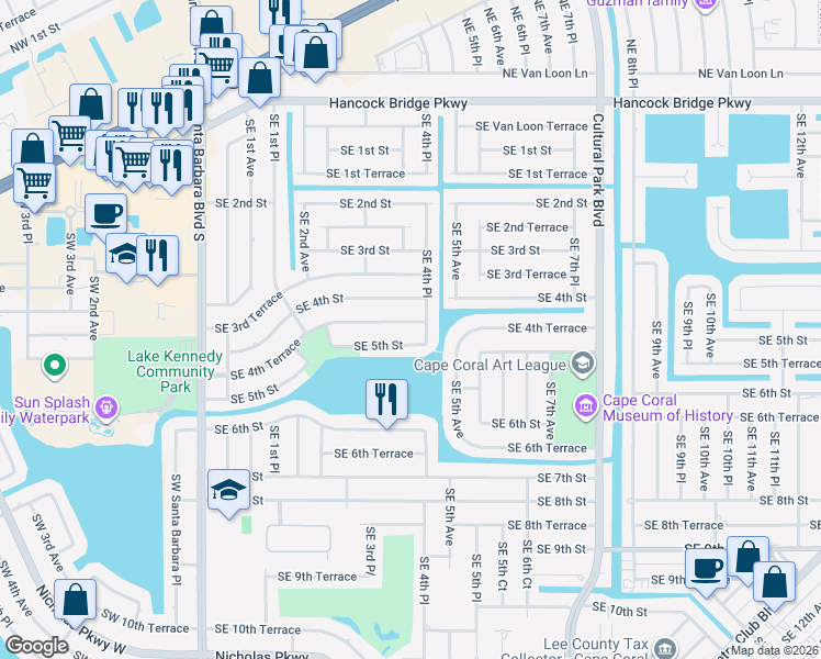 map of restaurants, bars, coffee shops, grocery stores, and more near 409 Southeast 4th Terrace in Cape Coral