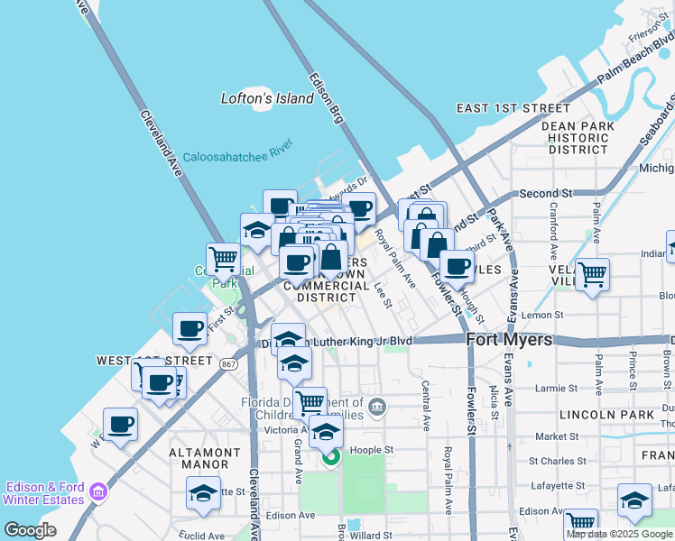 map of restaurants, bars, coffee shops, grocery stores, and more near 1520 Jackson Street in Fort Myers