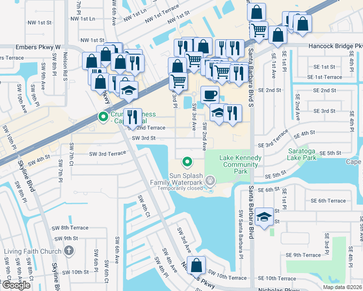 map of restaurants, bars, coffee shops, grocery stores, and more near 281 Southwest 3rd Street in Cape Coral