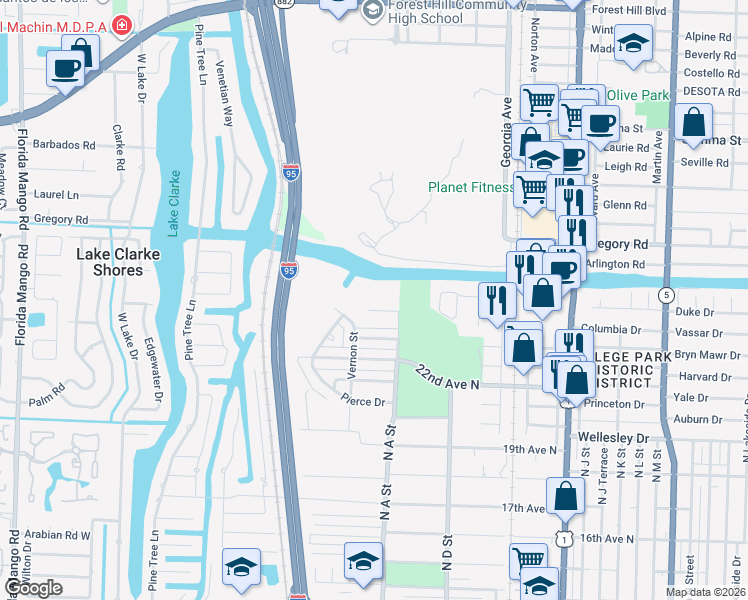 map of restaurants, bars, coffee shops, grocery stores, and more near 1901 Brentwood Avenue in Lake Worth