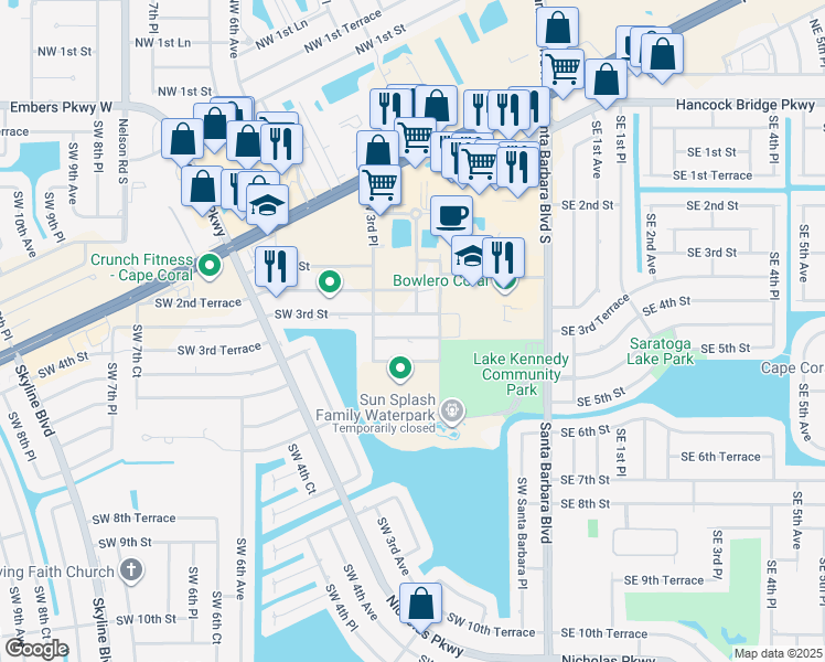 map of restaurants, bars, coffee shops, grocery stores, and more near 263 Southwest 3rd Avenue in Cape Coral