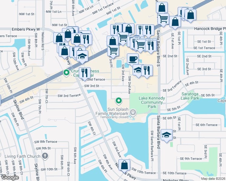 map of restaurants, bars, coffee shops, grocery stores, and more near 281 Southwest 3rd Street in Cape Coral