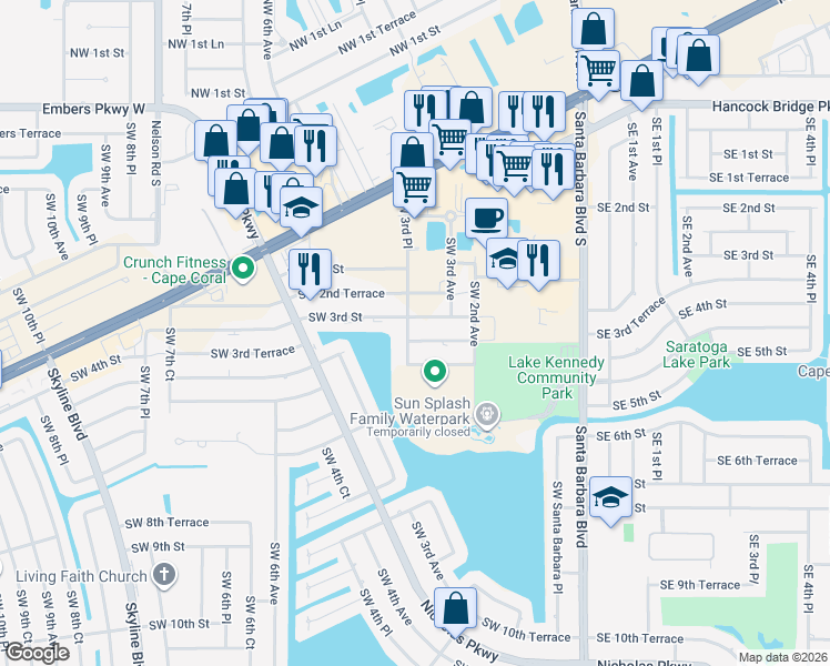 map of restaurants, bars, coffee shops, grocery stores, and more near 281 Southwest 3rd Street in Cape Coral