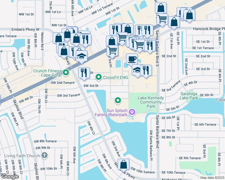 map of restaurants, bars, coffee shops, grocery stores, and more near 309 Southwest 3rd Place in Cape Coral