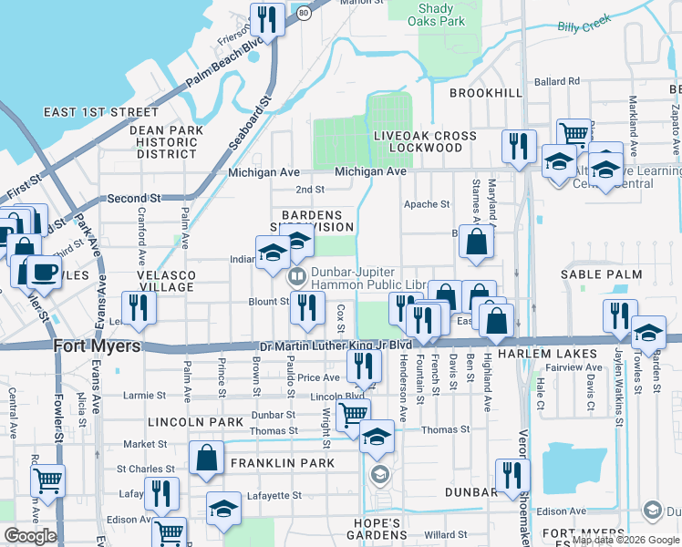 map of restaurants, bars, coffee shops, grocery stores, and more near 3148 Indian Street in Fort Myers
