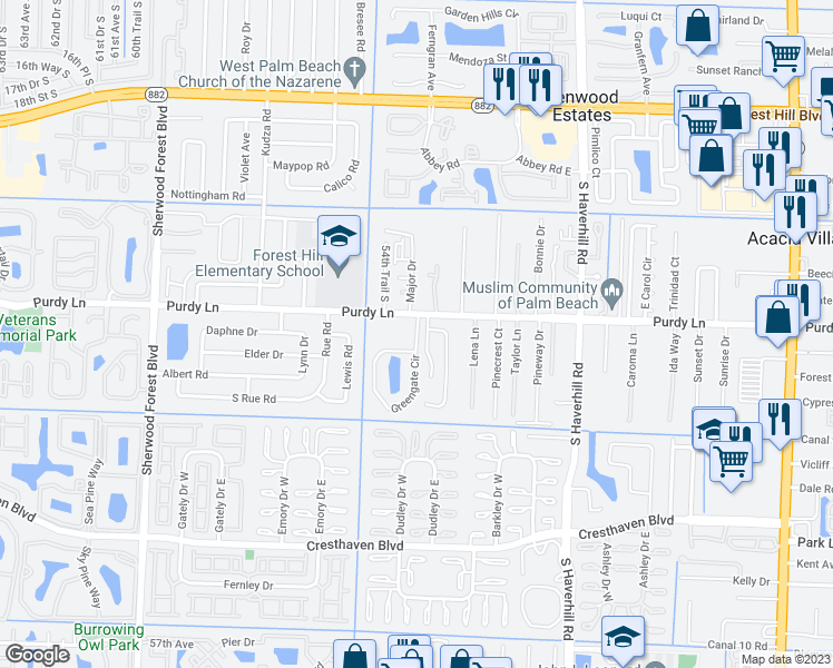 map of restaurants, bars, coffee shops, grocery stores, and more near in Palm Beach County