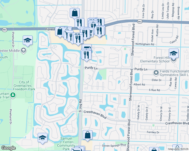 map of restaurants, bars, coffee shops, grocery stores, and more near 235 Foxtail Drive in Greenacres