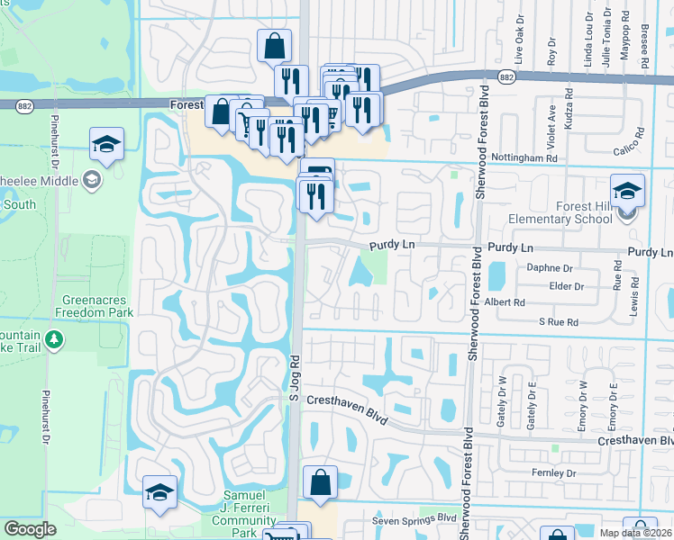 map of restaurants, bars, coffee shops, grocery stores, and more near 235 Foxtail Drive in Greenacres