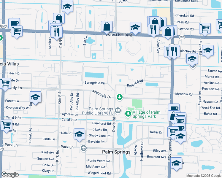 map of restaurants, bars, coffee shops, grocery stores, and more near 583 Springdale Court in Palm Springs