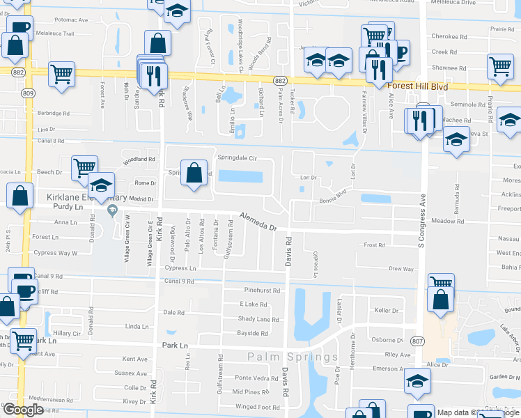 map of restaurants, bars, coffee shops, grocery stores, and more near 914 Springdale Circle in Lake Worth