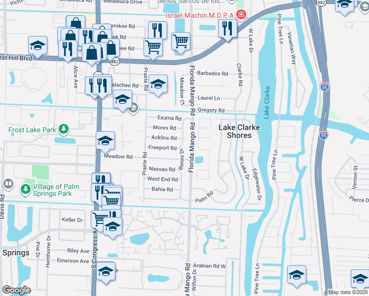 map of restaurants, bars, coffee shops, grocery stores, and more near 2154 Bimini Drive in West Palm Beach