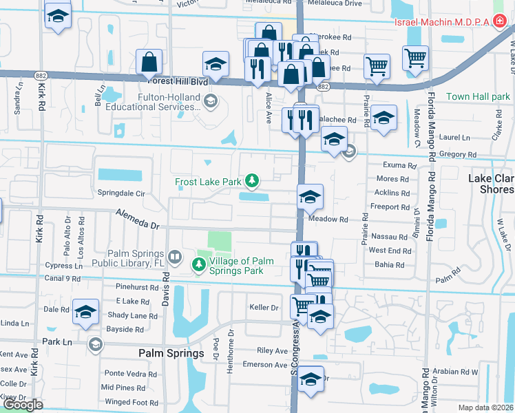 map of restaurants, bars, coffee shops, grocery stores, and more near 3154 Thelma Road in Palm Springs
