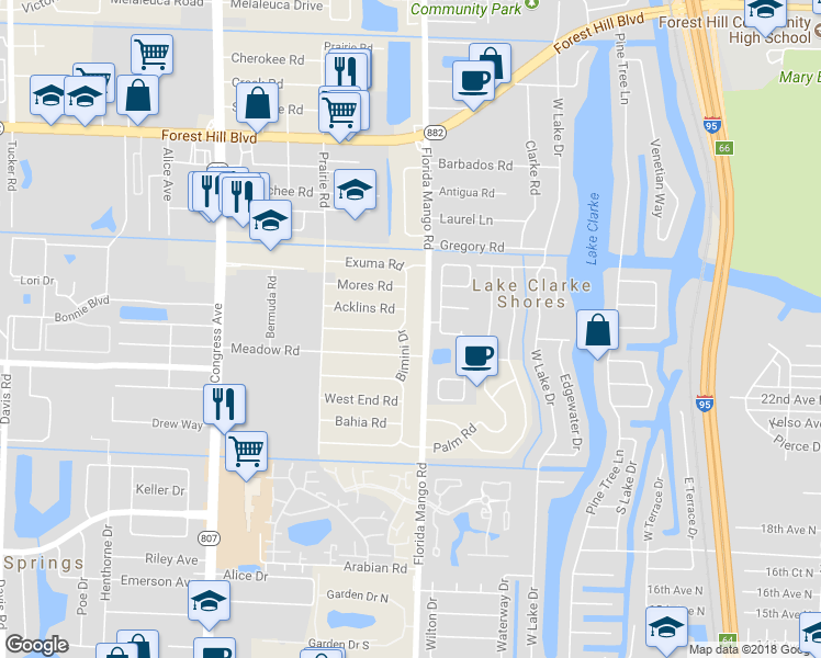 map of restaurants, bars, coffee shops, grocery stores, and more near 2154 Bimini Drive in West Palm Beach