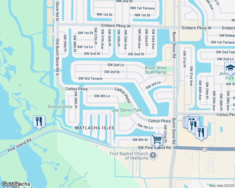 map of restaurants, bars, coffee shops, grocery stores, and more near 3552 Ceitus Parkway in Cape Coral