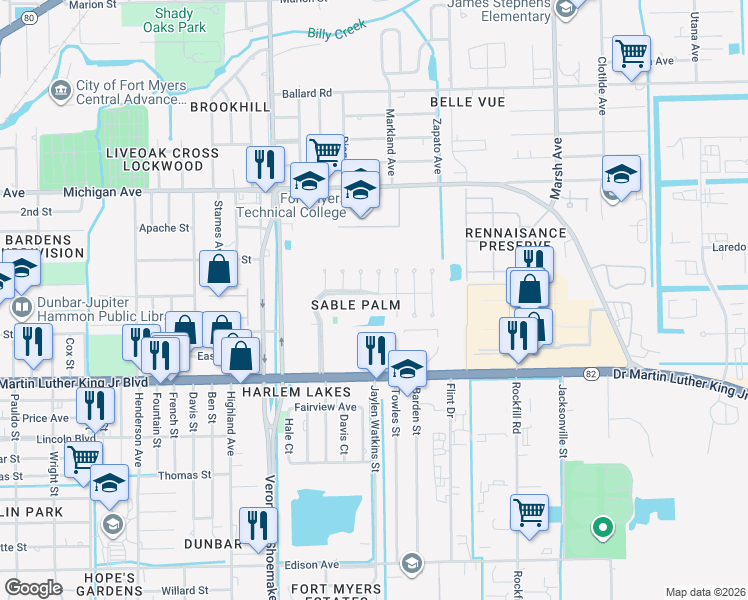 map of restaurants, bars, coffee shops, grocery stores, and more near 3702 Nelson Tillis Boulevard in Fort Myers