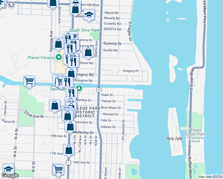 map of restaurants, bars, coffee shops, grocery stores, and more near 2615 Colgate Lane in Lake Worth