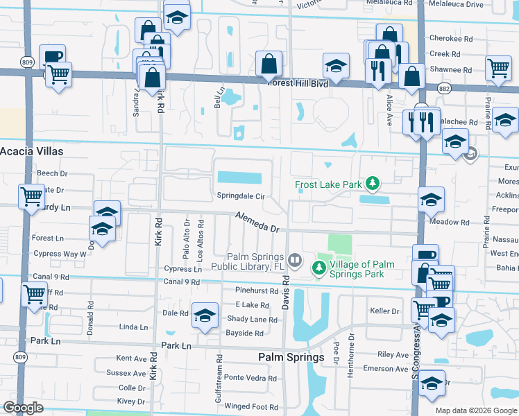 map of restaurants, bars, coffee shops, grocery stores, and more near 864 Springdale Circle in Palm Springs