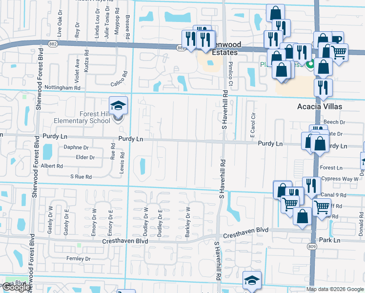 map of restaurants, bars, coffee shops, grocery stores, and more near 2269 Pinecrest Court in West Palm Beach