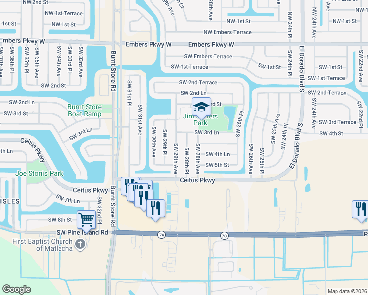 map of restaurants, bars, coffee shops, grocery stores, and more near 349 Southwest 28th Place in Cape Coral