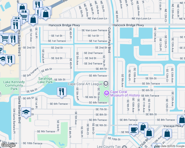 map of restaurants, bars, coffee shops, grocery stores, and more near 606 Southeast 4th Street in Cape Coral