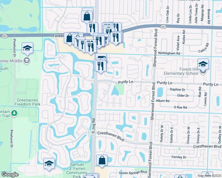 map of restaurants, bars, coffee shops, grocery stores, and more near 235 Foxtail Drive in Greenacres