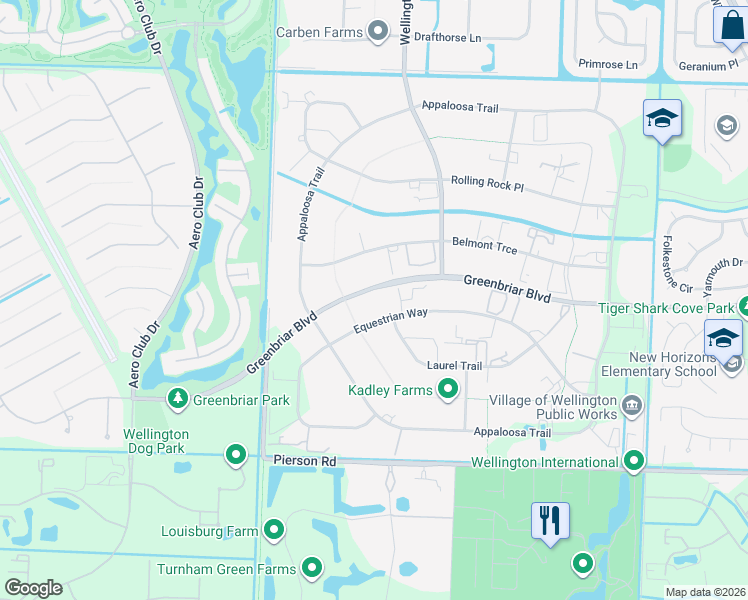 map of restaurants, bars, coffee shops, grocery stores, and more near 14471 Equestrian Way in Wellington