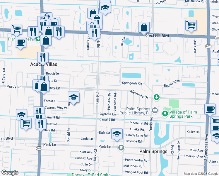 map of restaurants, bars, coffee shops, grocery stores, and more near 440 Alemeda Drive in Palm Springs