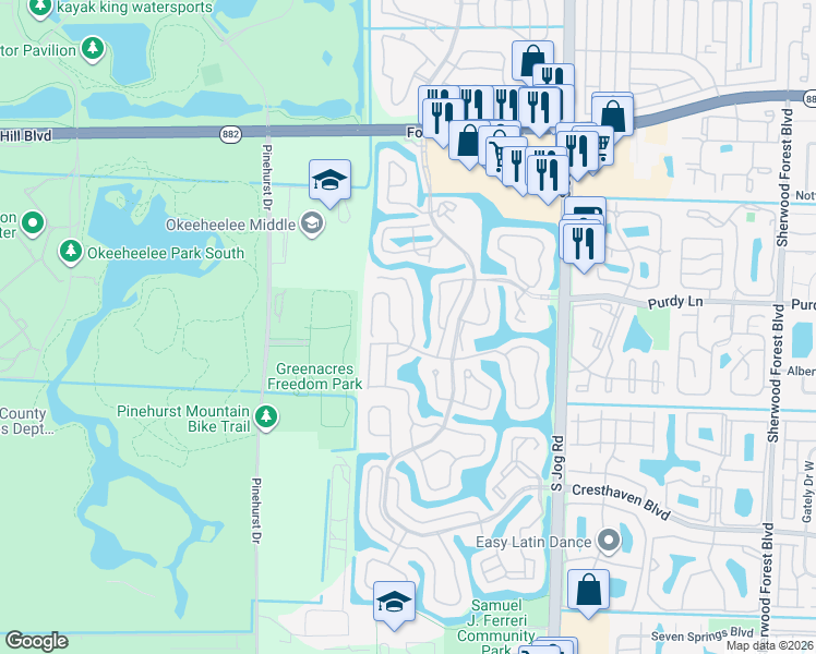 map of restaurants, bars, coffee shops, grocery stores, and more near 134 Hammocks Drive in Greenacres