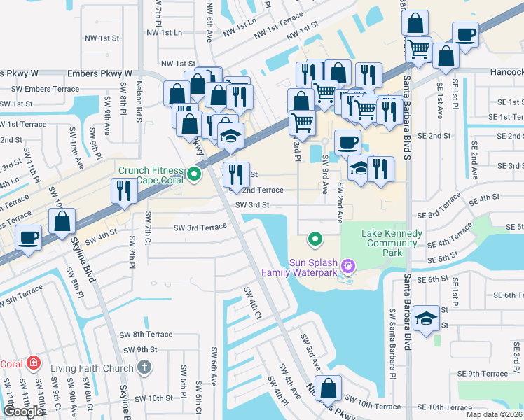 map of restaurants, bars, coffee shops, grocery stores, and more near 336 Southwest 3rd Street in Cape Coral