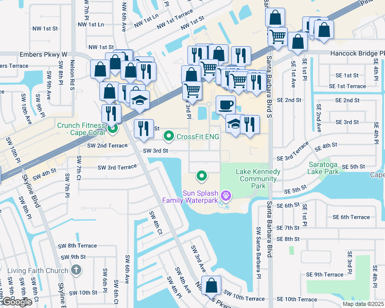 map of restaurants, bars, coffee shops, grocery stores, and more near 281 Southwest 3rd Street in Cape Coral