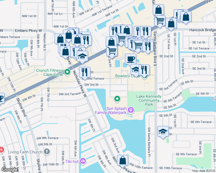 map of restaurants, bars, coffee shops, grocery stores, and more near 281 Southwest 3rd Street in Cape Coral